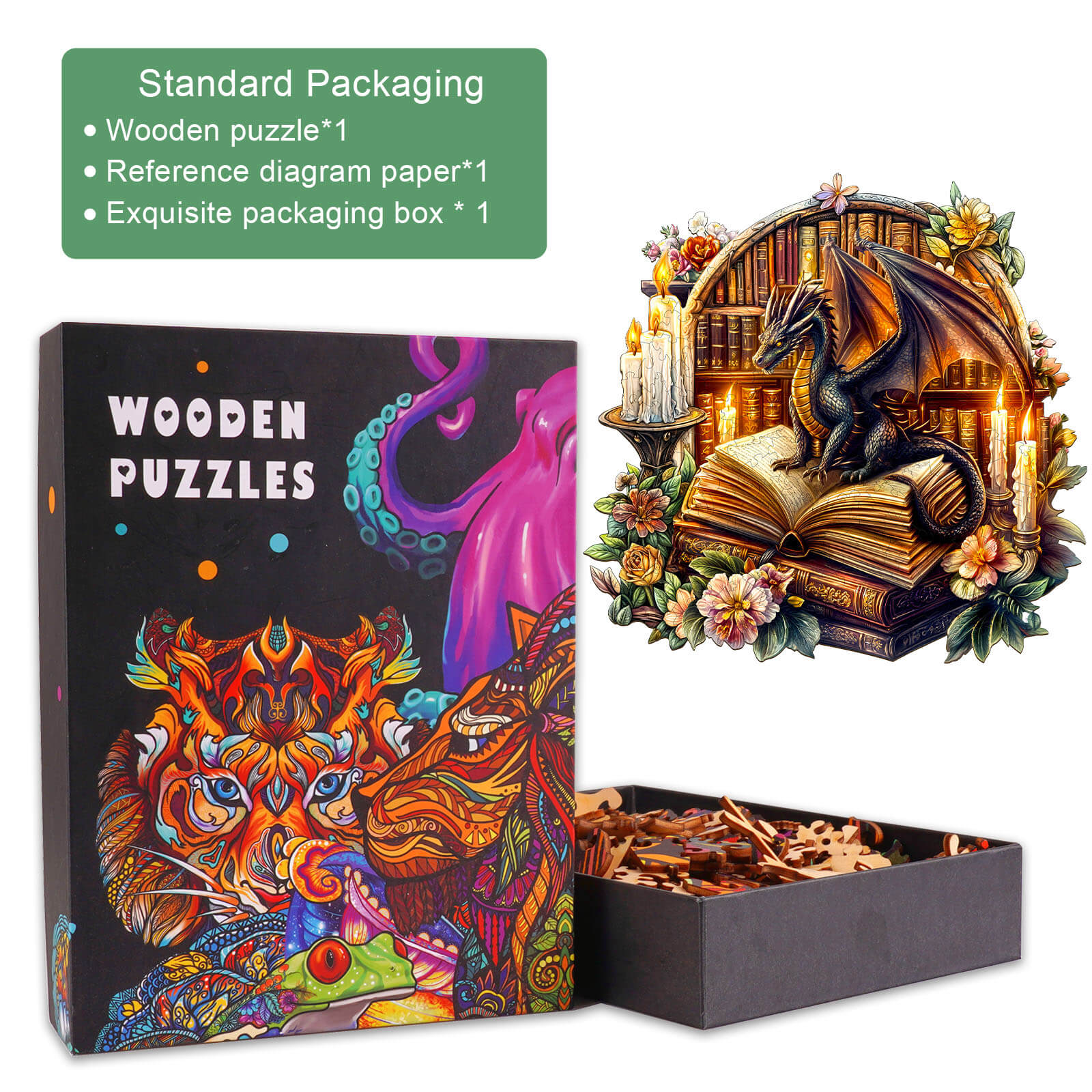 Dragon's Library-3 wooden jigsaw puzzle in exquisite packaging, featuring a colorful design and a detailed dragon graphic.