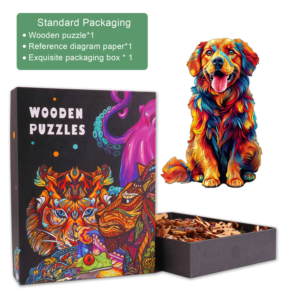 Colorful Golden Retriever wooden jigsaw puzzle with exquisite packaging and reference diagram for puzzle solving fun.