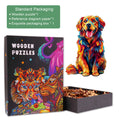 Colorful Golden Retriever wooden jigsaw puzzle with exquisite packaging and reference diagram for puzzle solving fun.