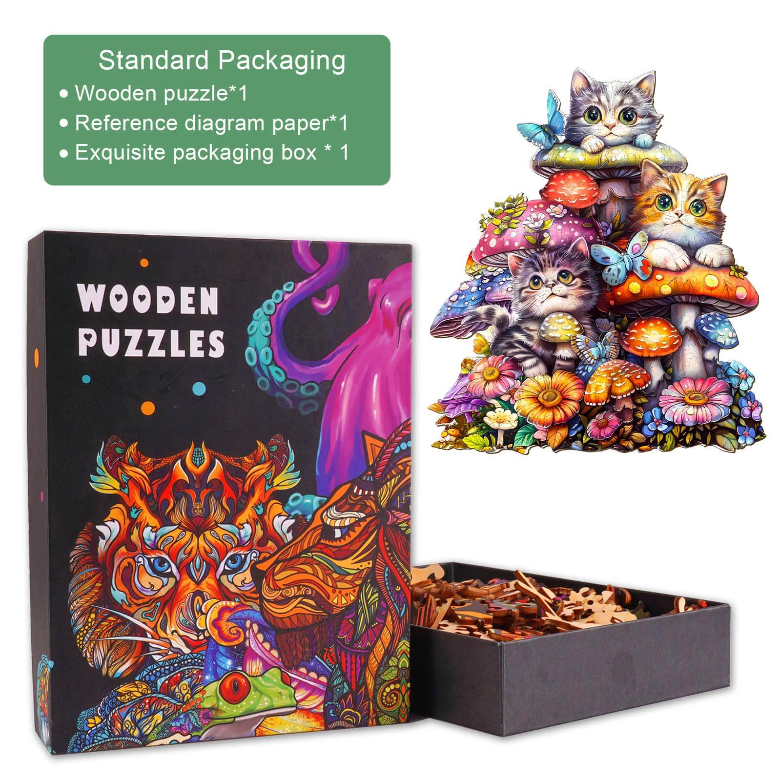 Cat Family-2 wooden jigsaw puzzle with colorful kittens and packaging, designed for enhancing focus and cognitive skills.