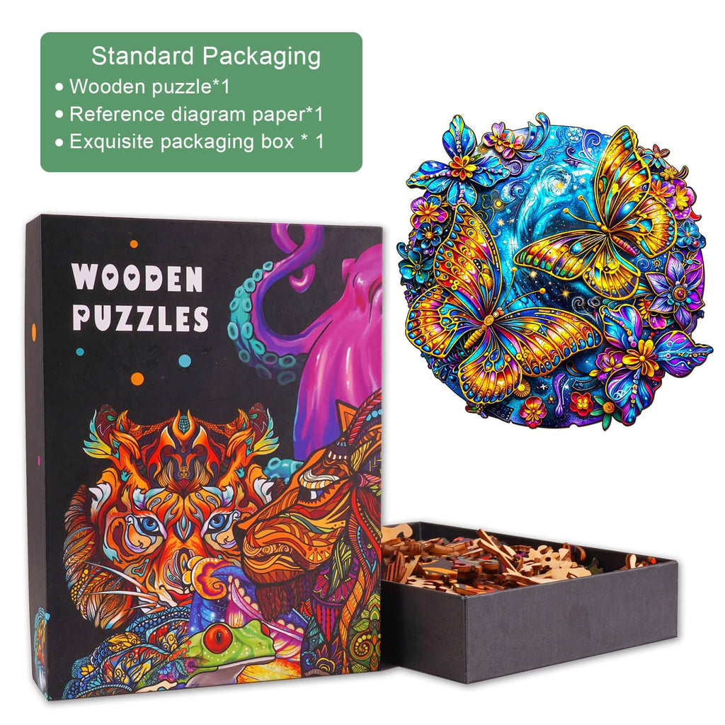Beautiful Butterflies wooden jigsaw puzzle in a decorative box, featuring colorful butterfly design and puzzle pieces.