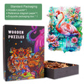 Flamingo Wooden Jigsaw Puzzle with colorful design, showcasing the puzzle box and pieces for engaging mind games.