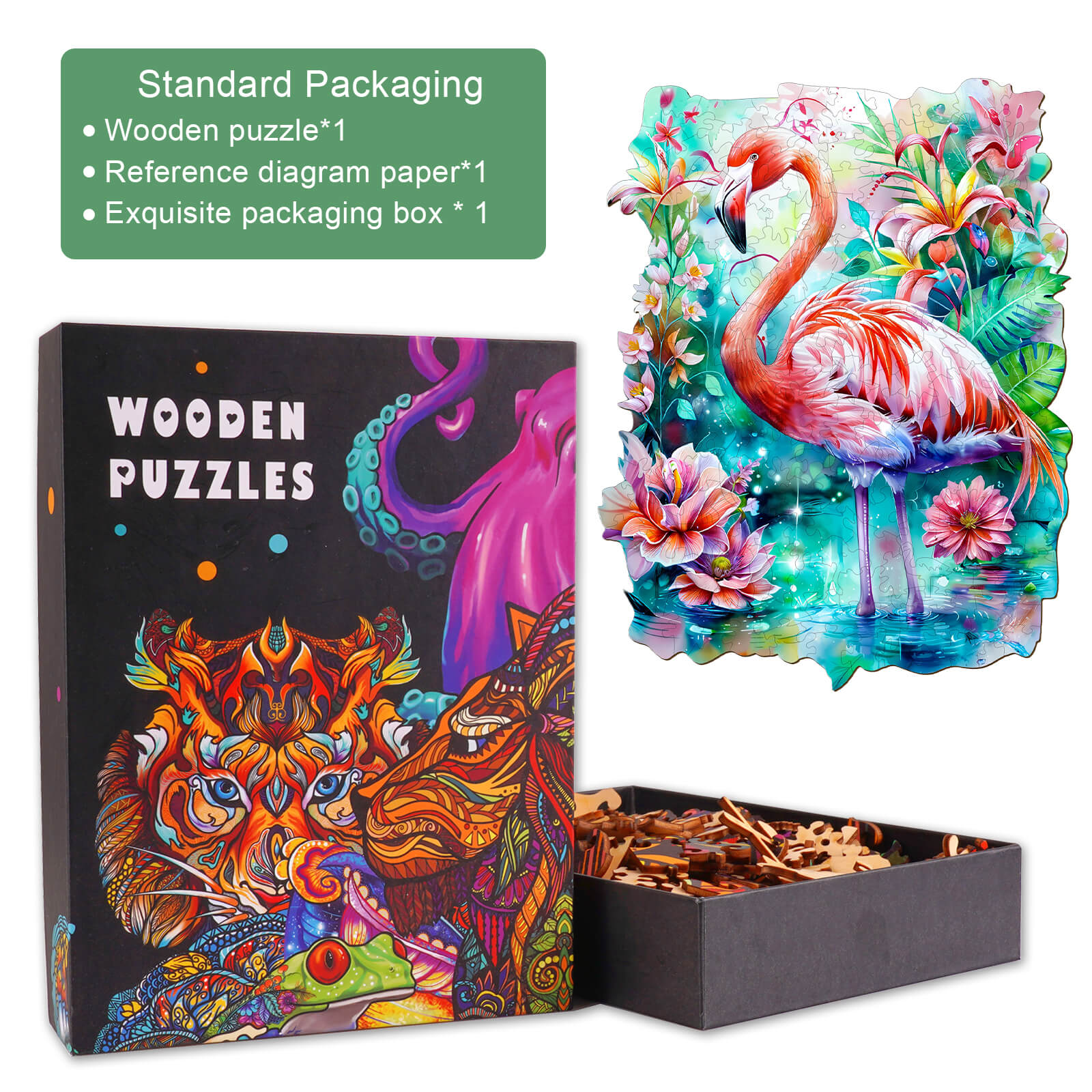 Flamingo Wooden Jigsaw Puzzle with colorful design, showcasing the puzzle box and pieces for engaging mind games.
