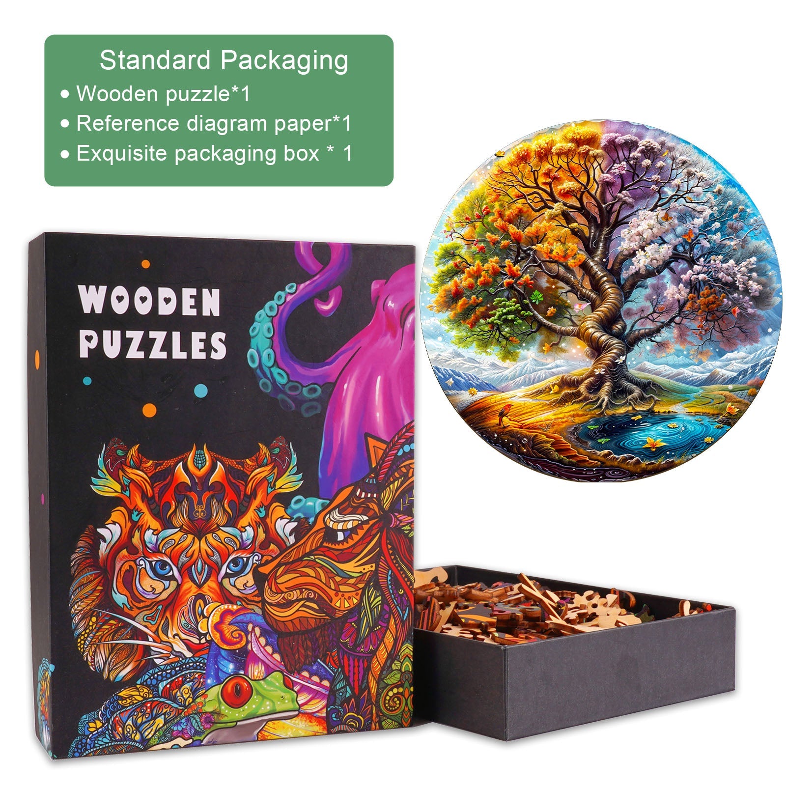 Seasonal Tree of Life-2 wooden jigsaw puzzle in an exquisite packaging box with vibrant artwork.