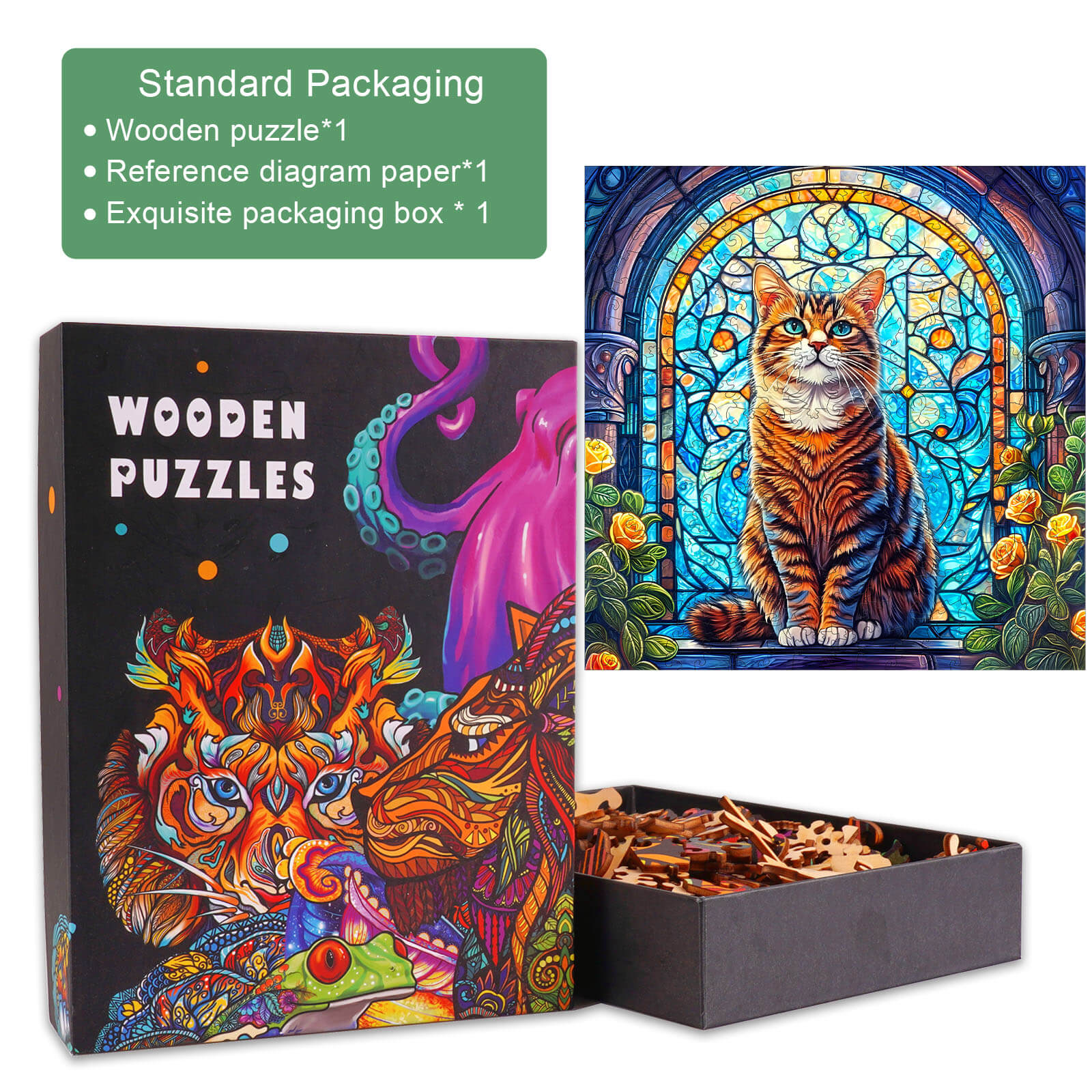 Stained Glass Cat Wooden Jigsaw Puzzle with exquisite packaging and vibrant illustration, featuring a detailed cat design.