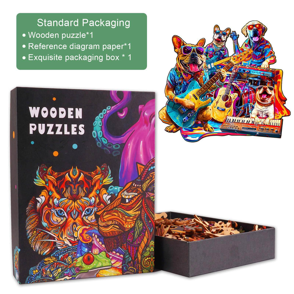 Colorful Dog Band Wooden Jigsaw Puzzle featuring dogs playing instruments, perfect for puzzle lovers and mental challenges.