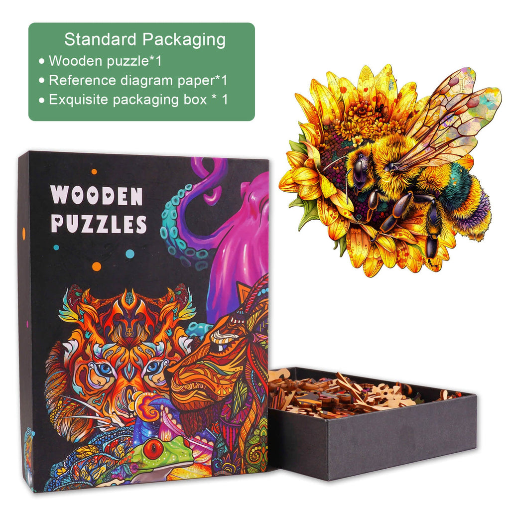 Bee Collecting Nectar wooden jigsaw puzzle with vibrant artwork, featuring a sunflower and bee design in an exquisite box.