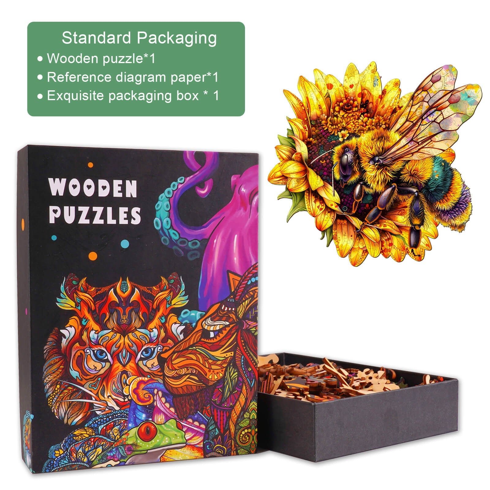 Bee Collecting Nectar wooden jigsaw puzzle with vibrant artwork, featuring a sunflower and bee design in an exquisite box.