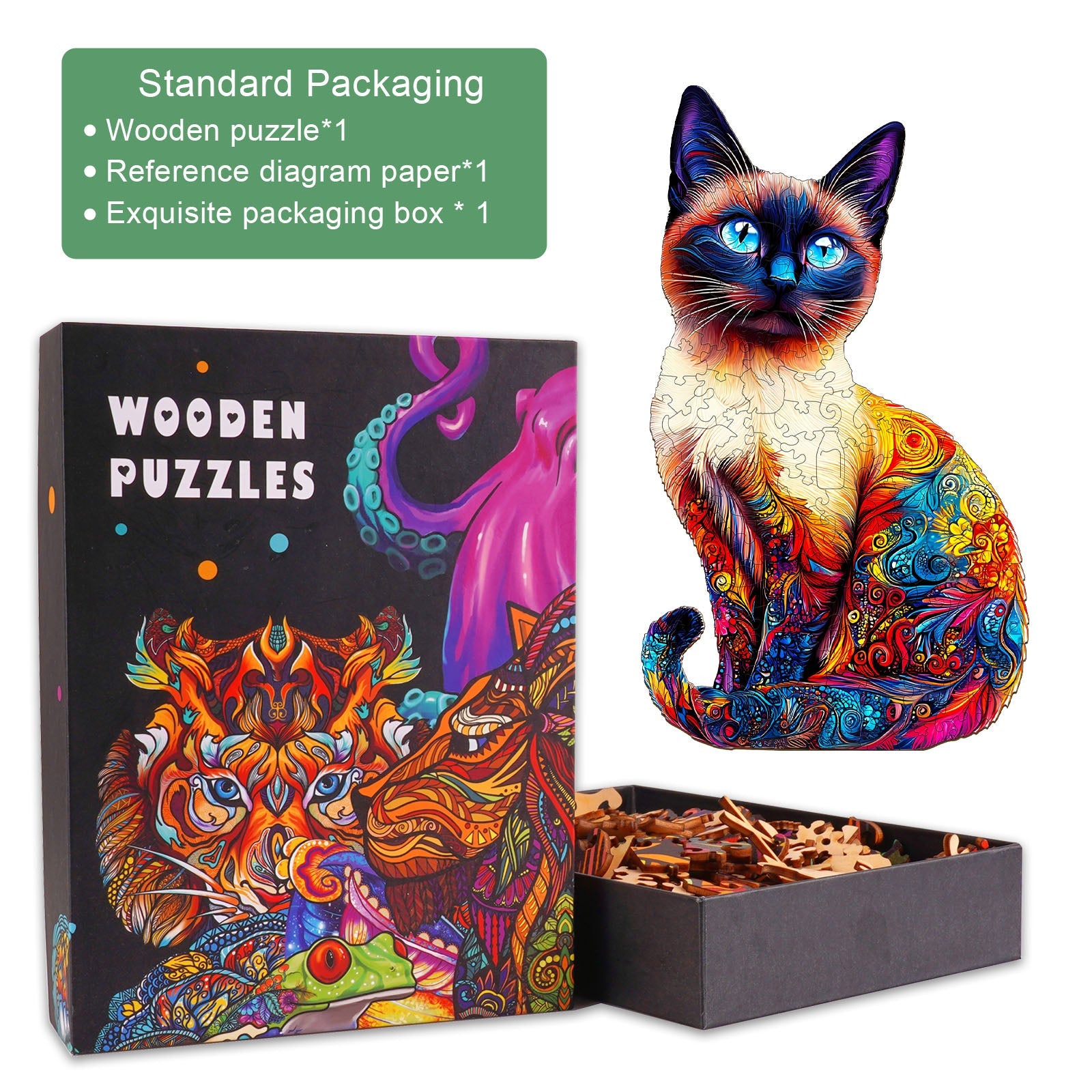 Vibrant Siamese Cat wooden jigsaw puzzle in exquisite packaging with colorful art box and pieces.