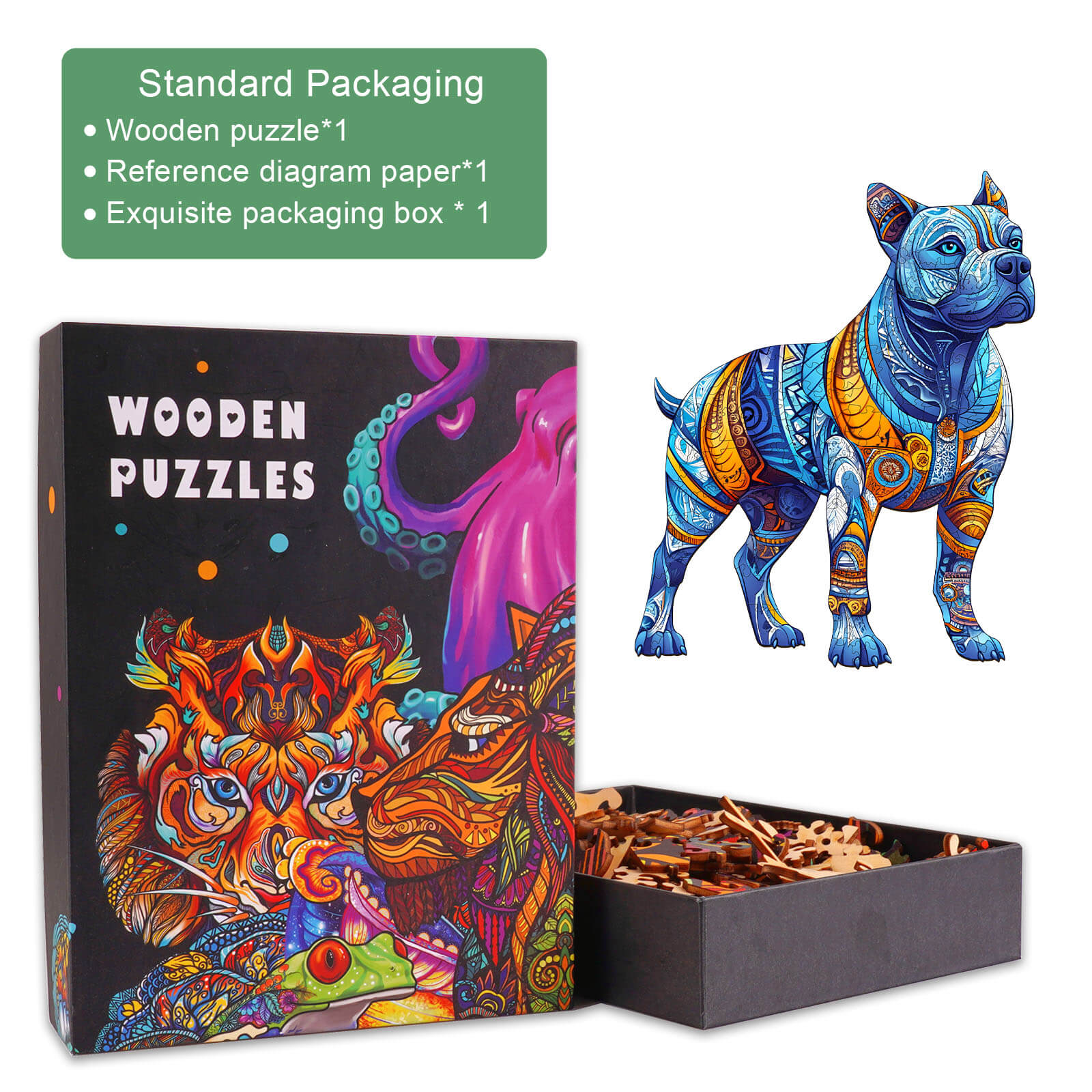 Pitbull-2 wooden jigsaw puzzle in ornate packaging revealing colorful puzzle pieces and a vibrant dog figure.