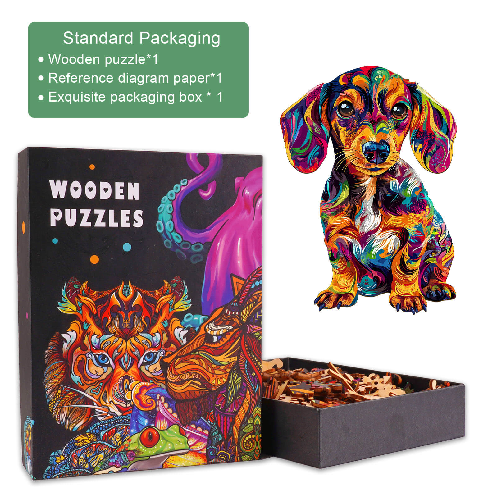 Colorful Dachshund-2 wooden jigsaw puzzle in exquisite packaging box, designed for mind games and focus.