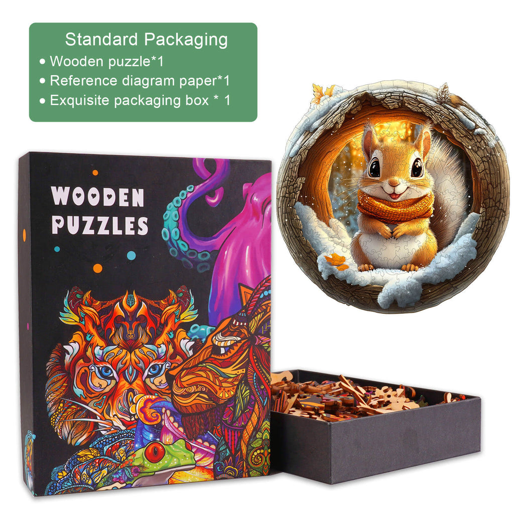 Colorful packaging of 3D Cave Squirrel wooden jigsaw puzzle with puzzle pieces and reference diagram.