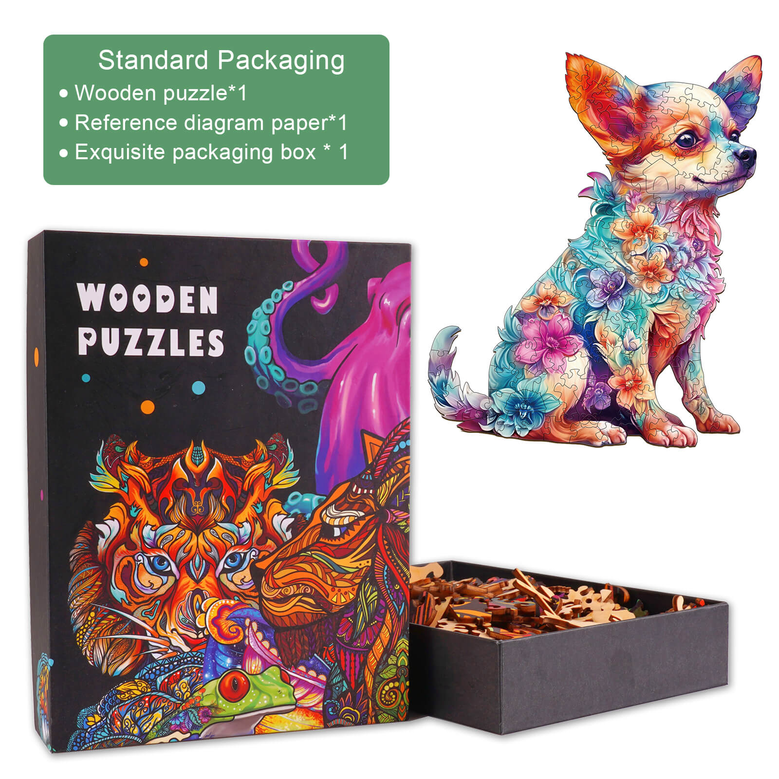 Cute Puppy wooden jigsaw puzzle box and colorful dog illustration, perfect for mind games and boosting focus.