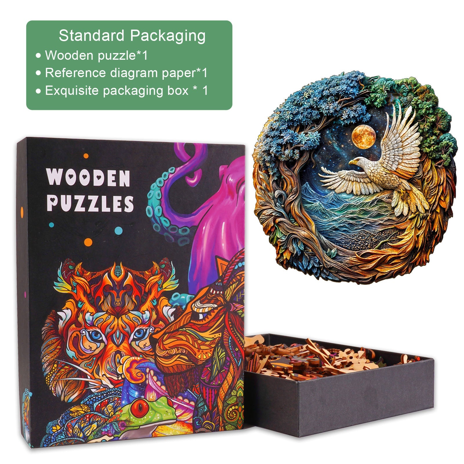3D White Eagle-2 wooden jigsaw puzzle in an exquisite packaging box with pieces, puzzle reference diagram included.