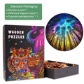 Galactic Forest-1 wooden jigsaw puzzle box and pieces, showcasing colorful design and packaging for puzzle enthusiasts.