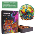 Uncharted Peacock Wooden Jigsaw Puzzle with colorful peacock design and exquisite packaging, showing pieces in box.