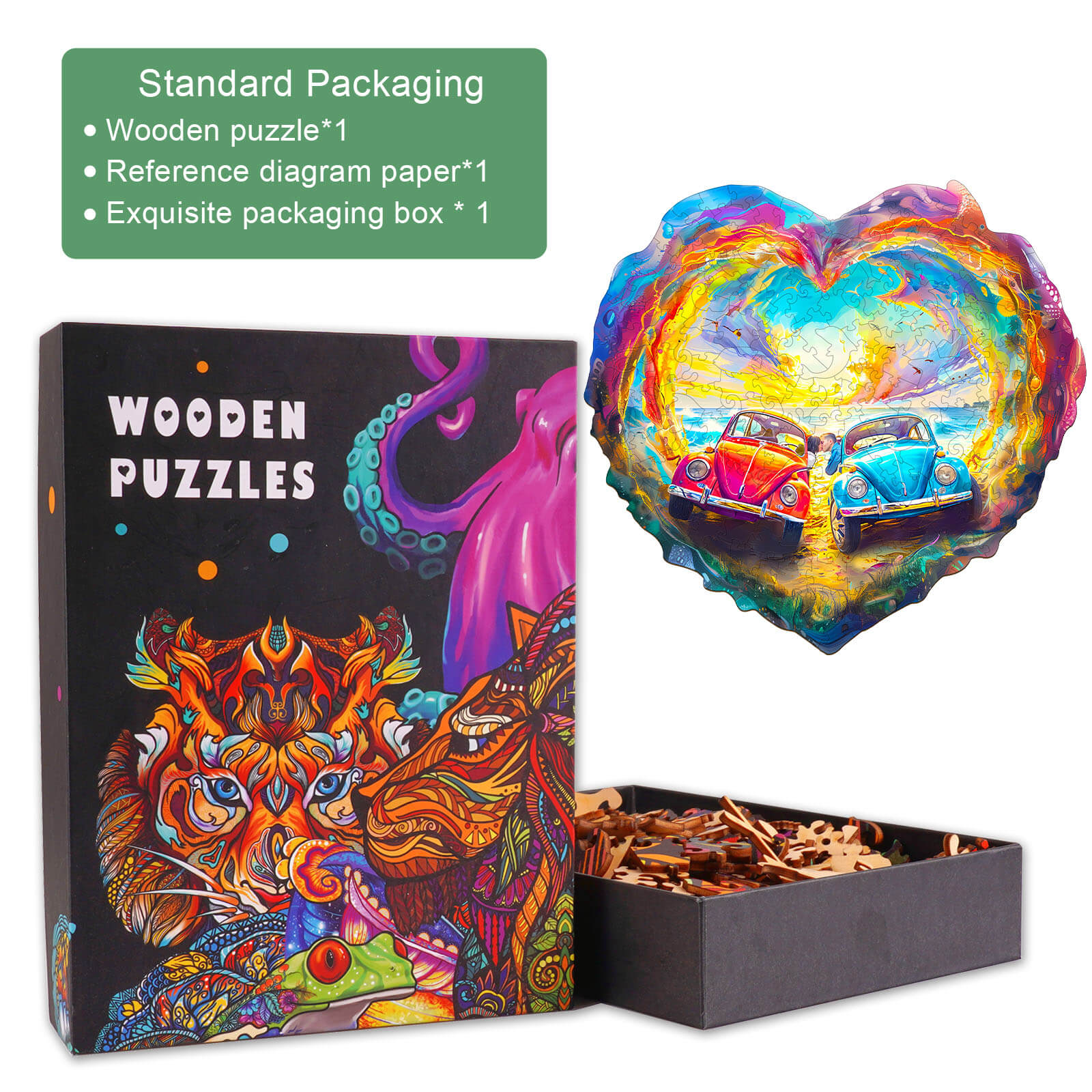 Sweet Encounter Wooden Jigsaw Puzzle in vibrant packaging with heart-shaped design and colorful cars, perfect for mindful play.