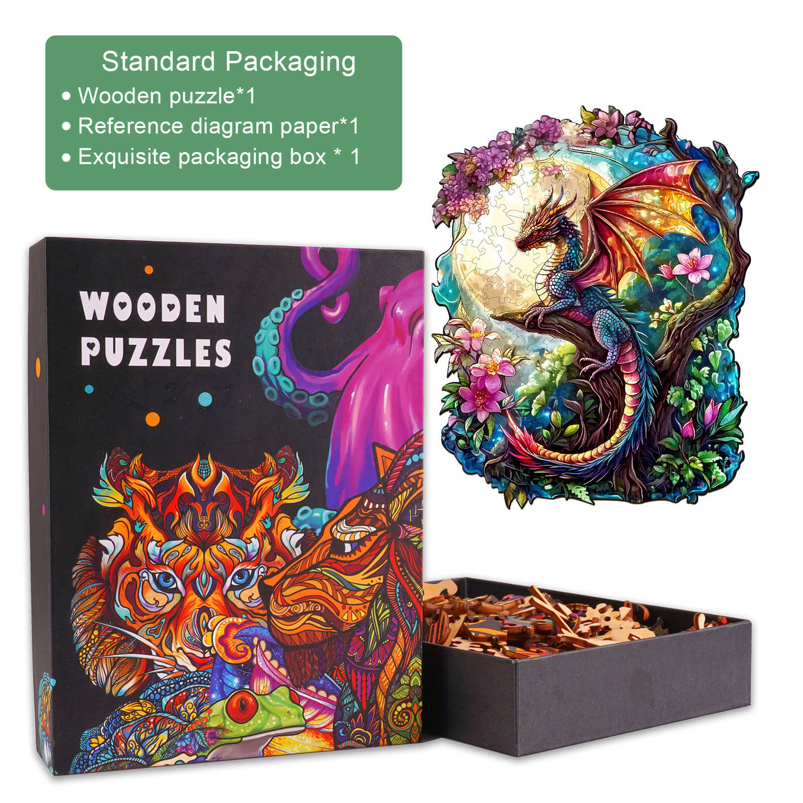 Dragon in Moonlight wooden jigsaw puzzle box with colorful design and puzzle pieces for mind games and focus.