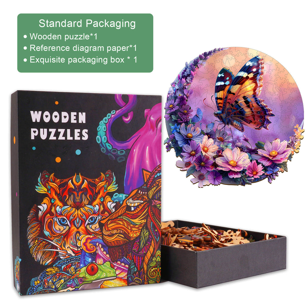 Butterfly and Moon-1 wooden jigsaw puzzle with exquisite packaging, featuring colorful artwork and puzzle pieces.