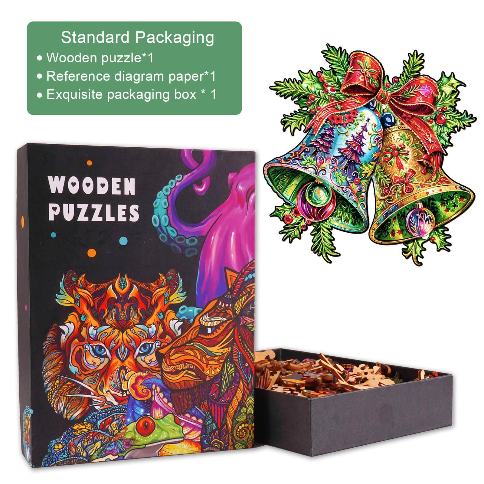 Christmas Bells-1 wooden jigsaw puzzle with colorful packaging and reference paper, perfect for mind games and focus.