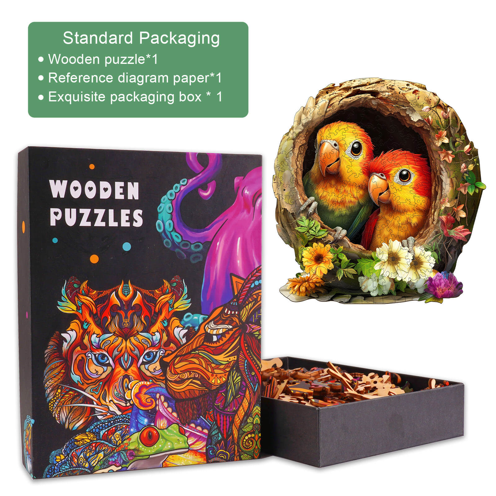 Naughty Parrot-2 wooden jigsaw puzzle in an exquisite box, showcasing vibrant artwork and wooden pieces for engaging mind games.