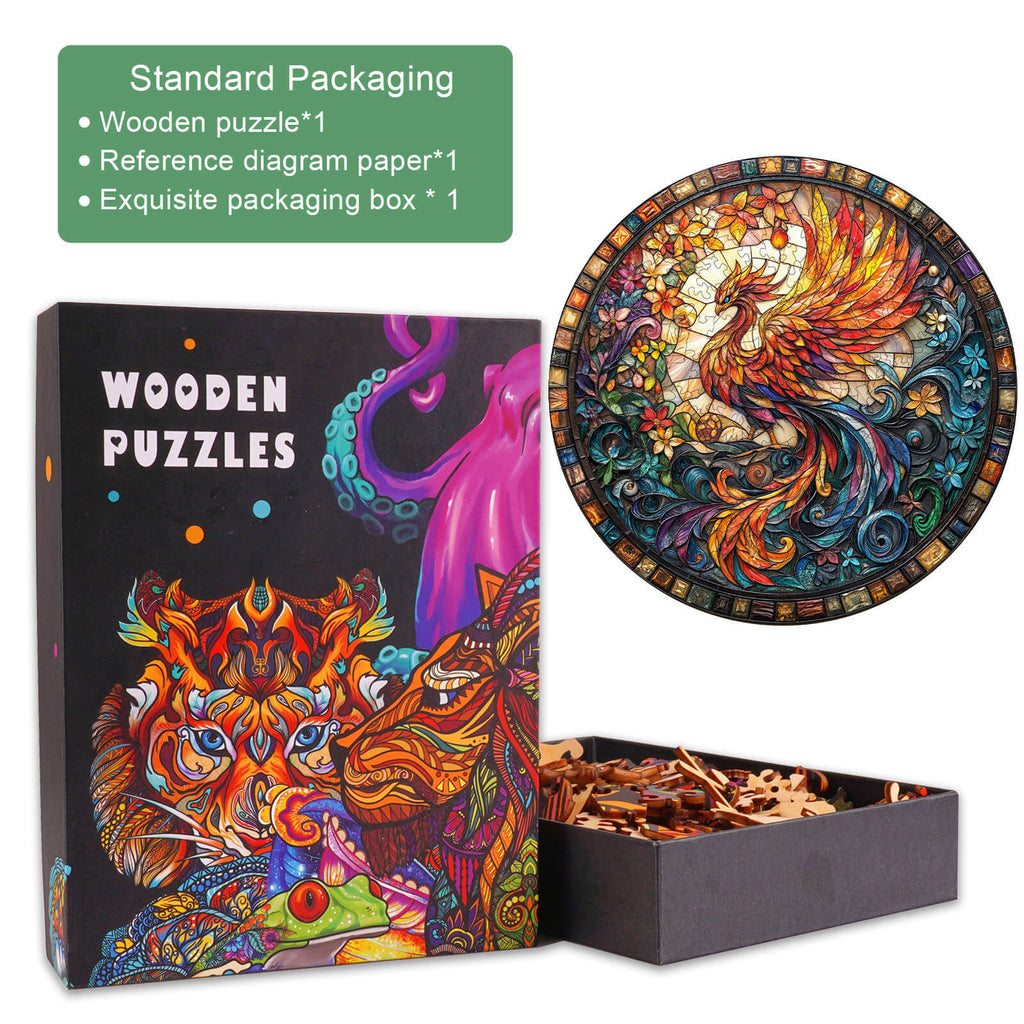 Stained Glass Phoenix-2 wooden jigsaw puzzle in exquisite packaging, designed for mindfulness and focus.