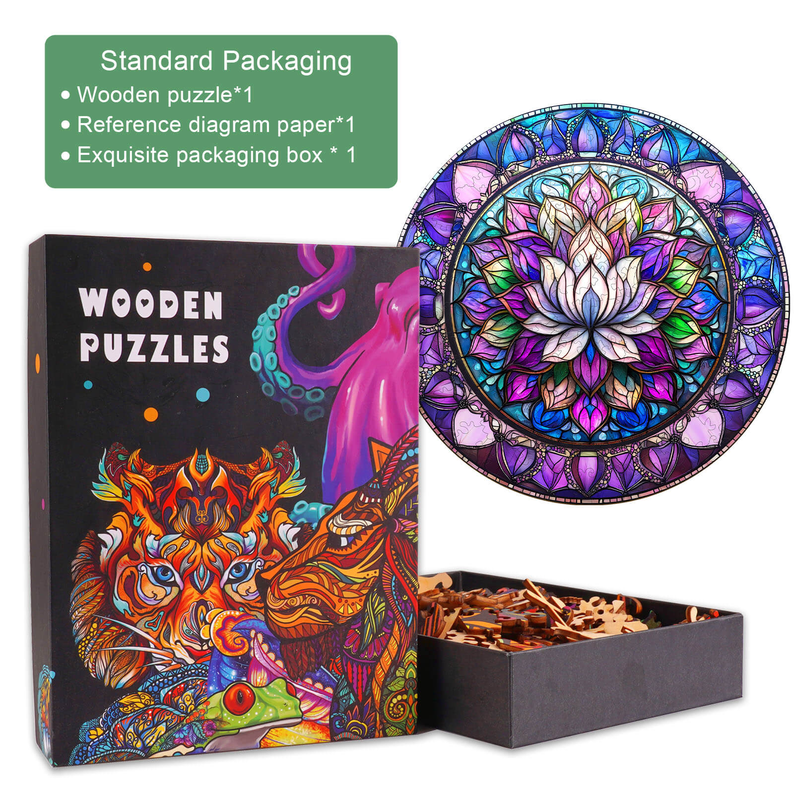 Stained Glass Lotus-2 wooden jigsaw puzzle in elegant packaging, featuring intricate design and reference materials.