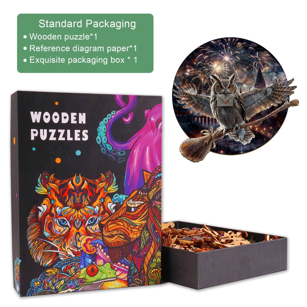Magic Owl Wooden Jigsaw Puzzle in attractive packaging with colorful design and puzzle pieces inside box.
