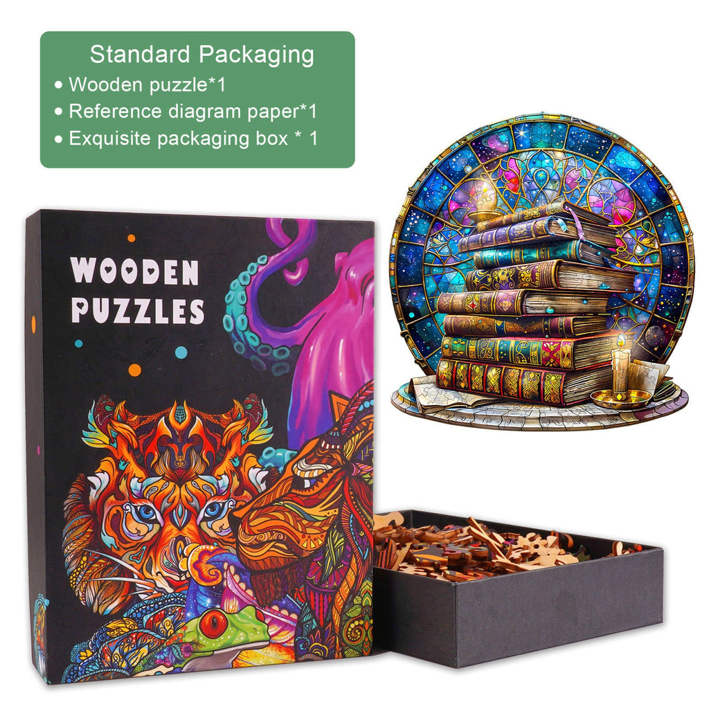 Magic tome wooden jigsaw puzzle box with colorful design, featuring intricate pieces and reference diagram for puzzle solving.