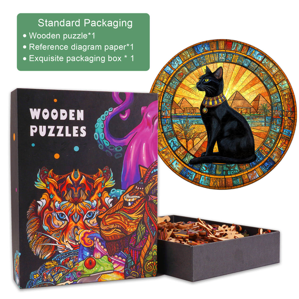 Egyptian Cat wooden jigsaw puzzle with colorful box and intricate design, perfect for enhancing focus and problem-solving skills.