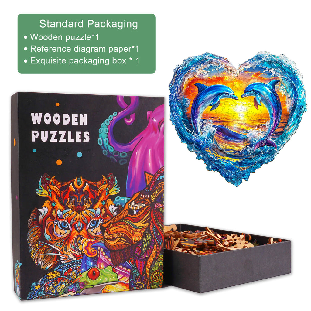 3D Heartfelt Dolphins wooden jigsaw puzzle in a heart shape, packaged in an exquisite box with reference diagram for easy assembly.
