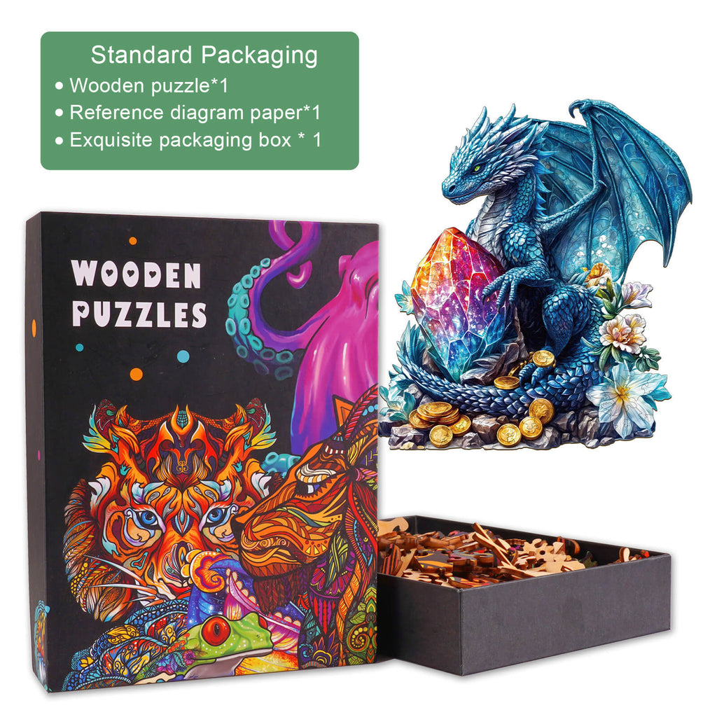 Treasure Dragon Wooden Jigsaw Puzzle with colorful box, includes puzzle pieces and reference diagram for enhanced focus.