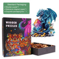 Treasure Dragon Wooden Jigsaw Puzzle with colorful box, includes puzzle pieces and reference diagram for enhanced focus.