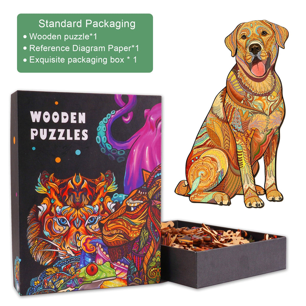Colorful Labrador wooden jigsaw puzzle with detailed packaging and puzzle pieces.
