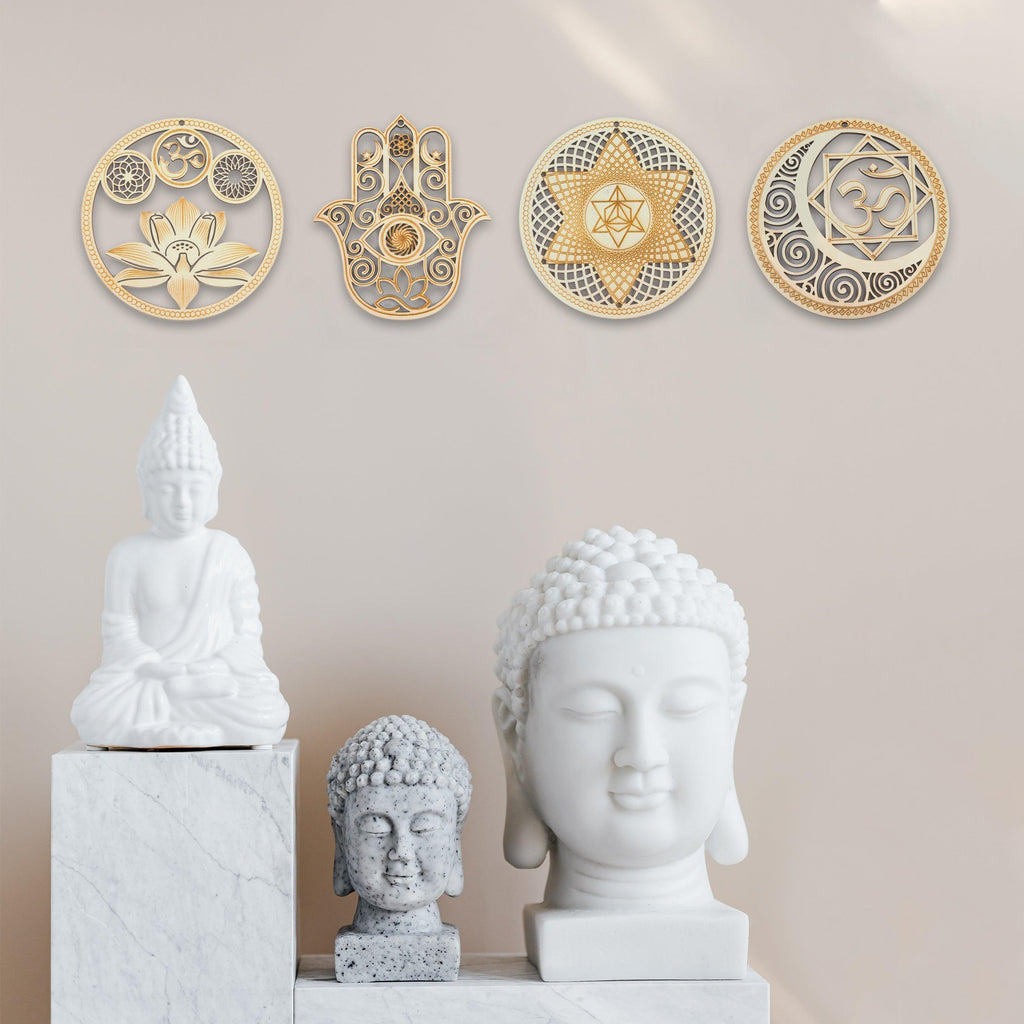 5.31 Sacred Geometry Wall Art Decor 4 PCS Set (Sacred Lotus, Hamsa Hand, Soul Star, Union Sun Moon)