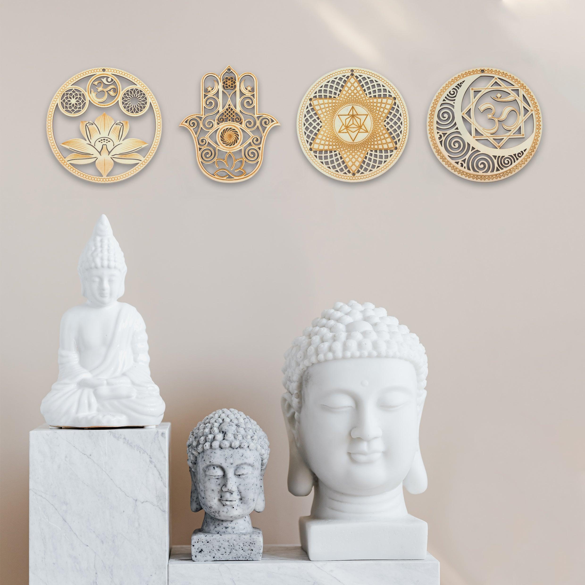 5.31 Sacred Geometry Wall Art Decor 4 PCS Set (Sacred Lotus, Hamsa Hand, Soul Star, Union Sun Moon)