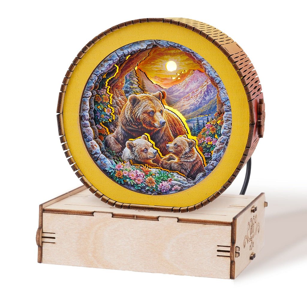 3D wooden puzzle night light featuring a mother bear and her cubs, perfect for home decor and handmade gifts.