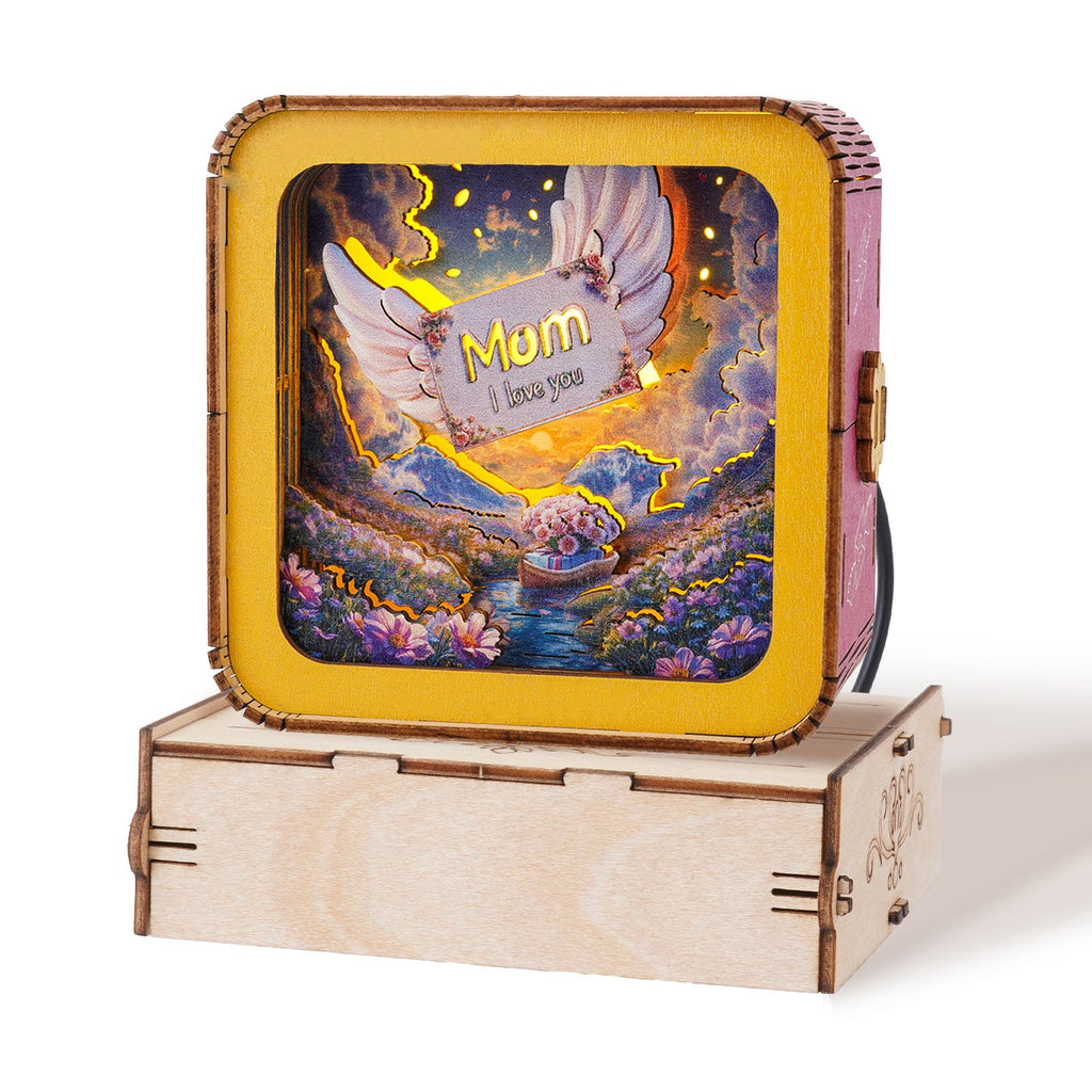 3D wooden puzzle night light with 'Mom I love you' design, perfect gift for Mother's Day.