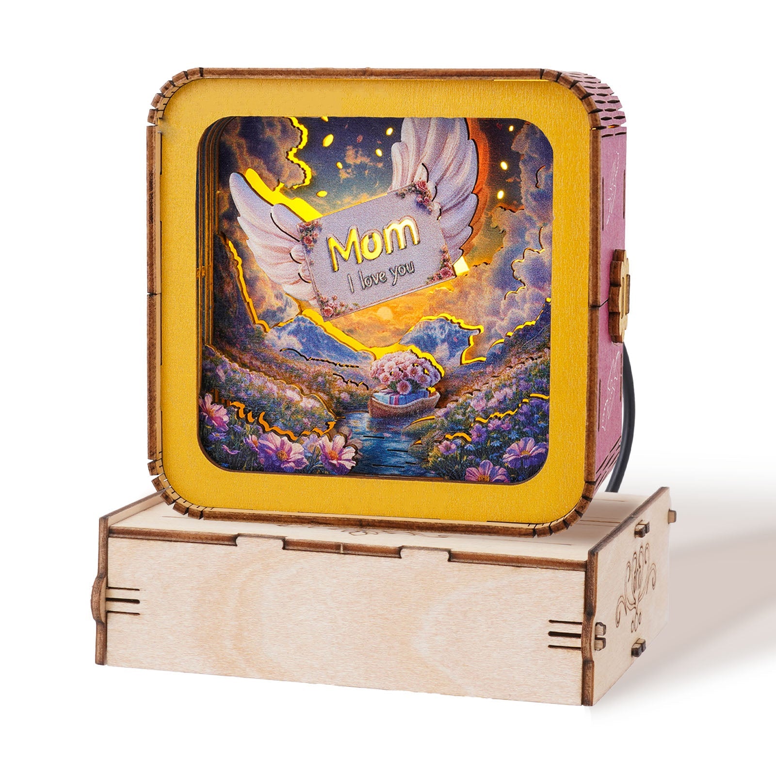 3D wooden puzzle night light with 'Mom I love you' design, perfect gift for Mother's Day.