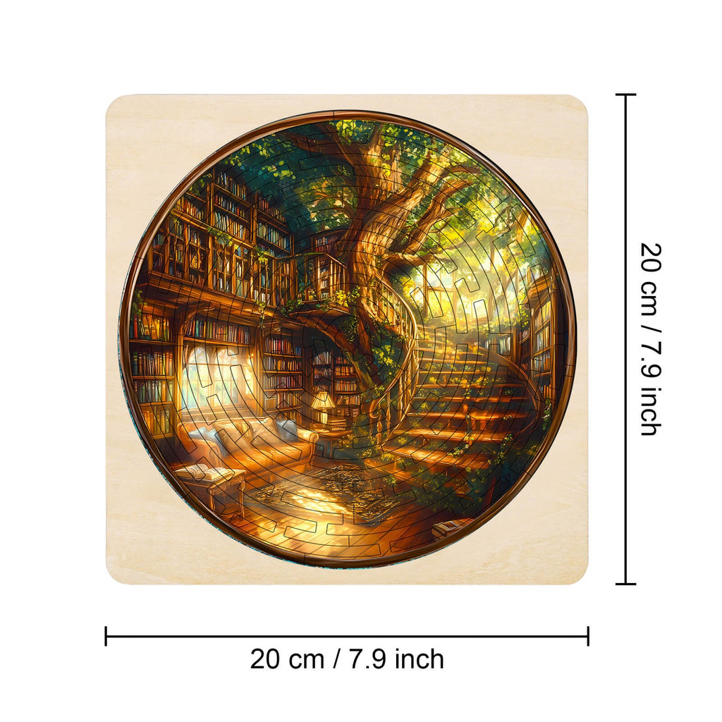 Maze Puzzles—Quiet Library, a jigsaw puzzle featuring a cozy library and tree for brain-boosting fun.