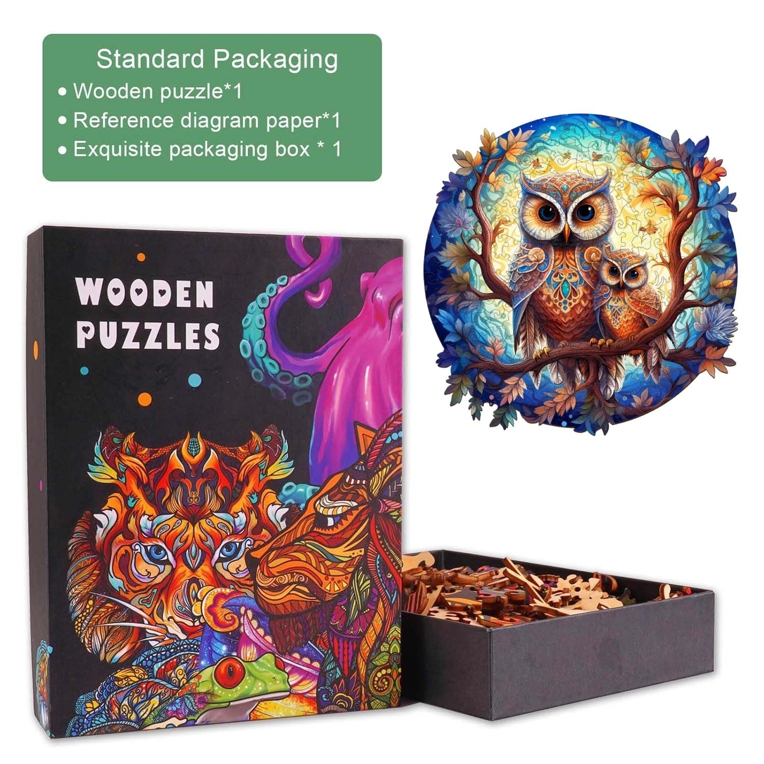 Owl Family-2 Wooden Jigsaw Puzzle in an exquisite box, featuring vibrant artwork and wooden pieces for a fun challenge.