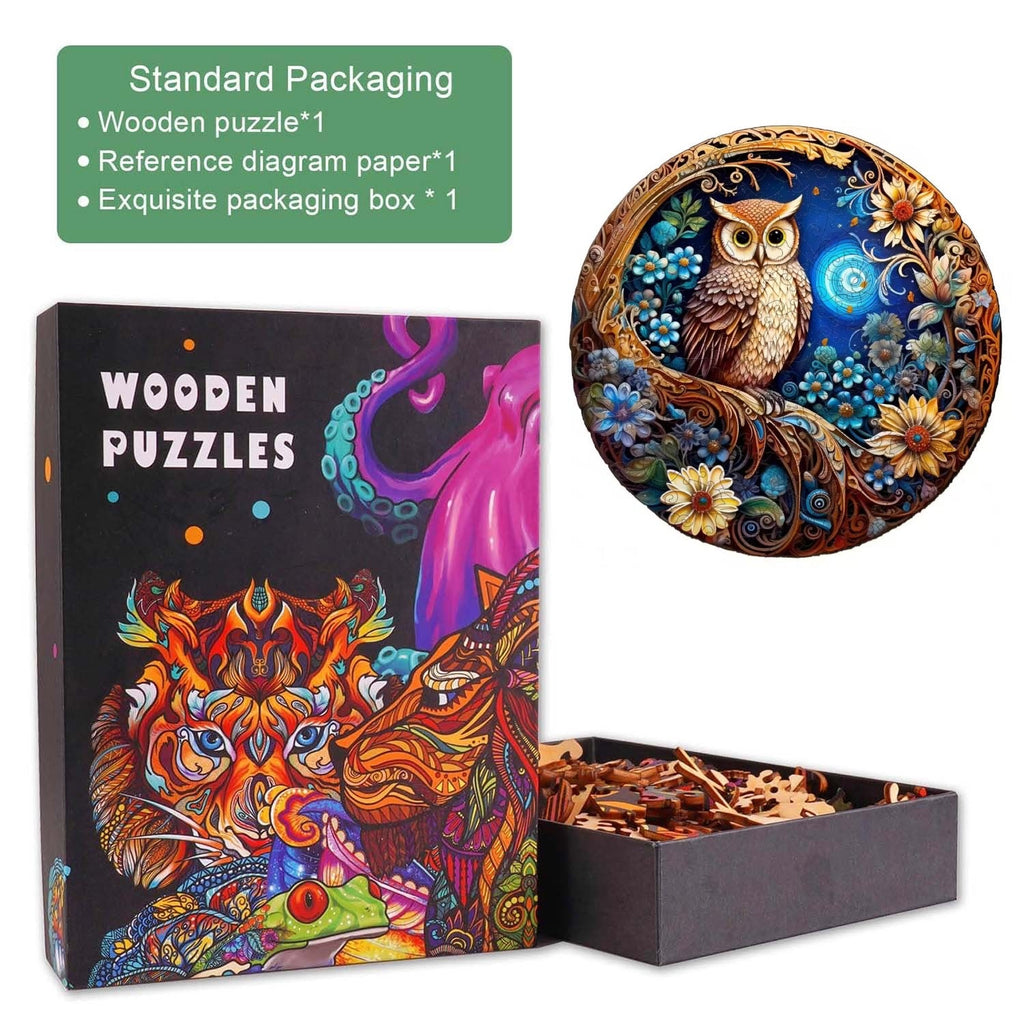 Moonlight Owl Wooden Jigsaw Puzzle with vibrant design and exquisite packaging showcasing owl symbolism.