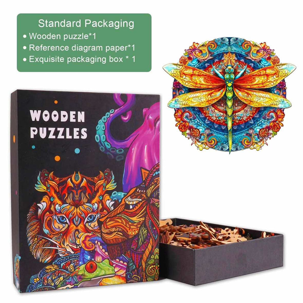 Mandala Dragonfly 1 wooden jigsaw puzzle with vibrant art and packaging details, showcasing wooden pieces and design.