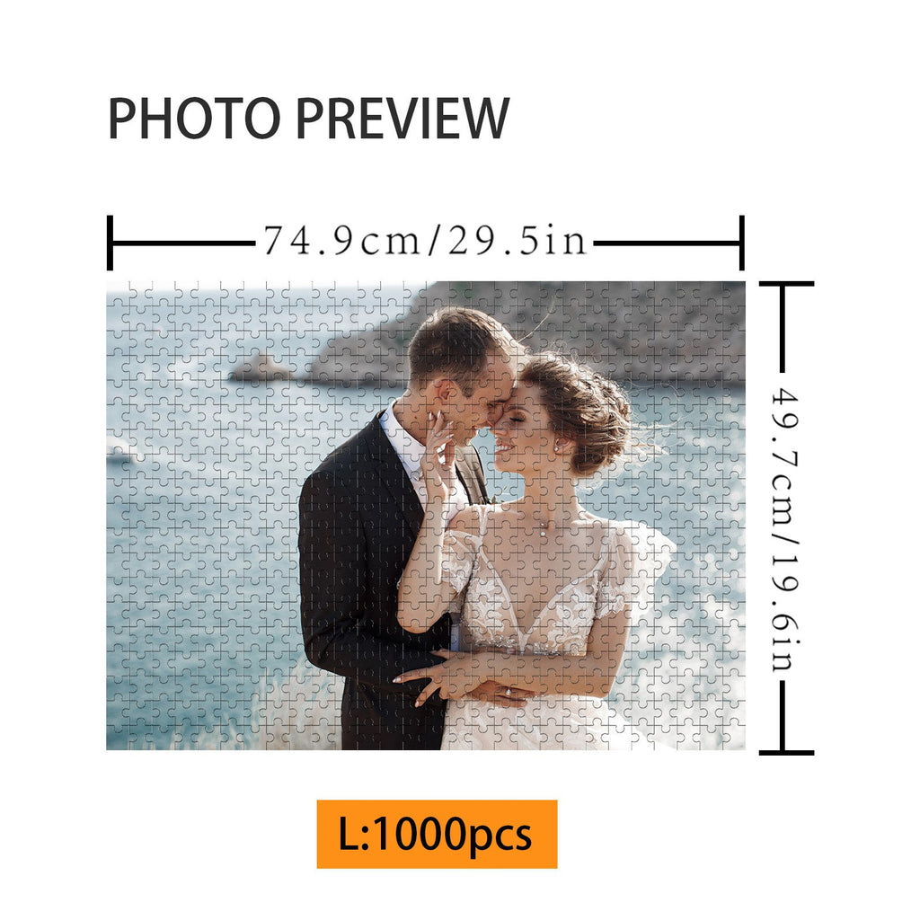 Custom photo jigsaw puzzle preview featuring a loving couple on their wedding day.