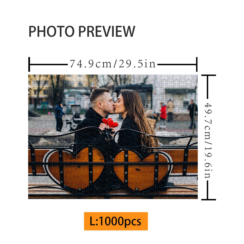 Custom 1000-piece photo puzzle preview featuring a couple sharing a kiss holding a heart, perfect gift for loved ones.