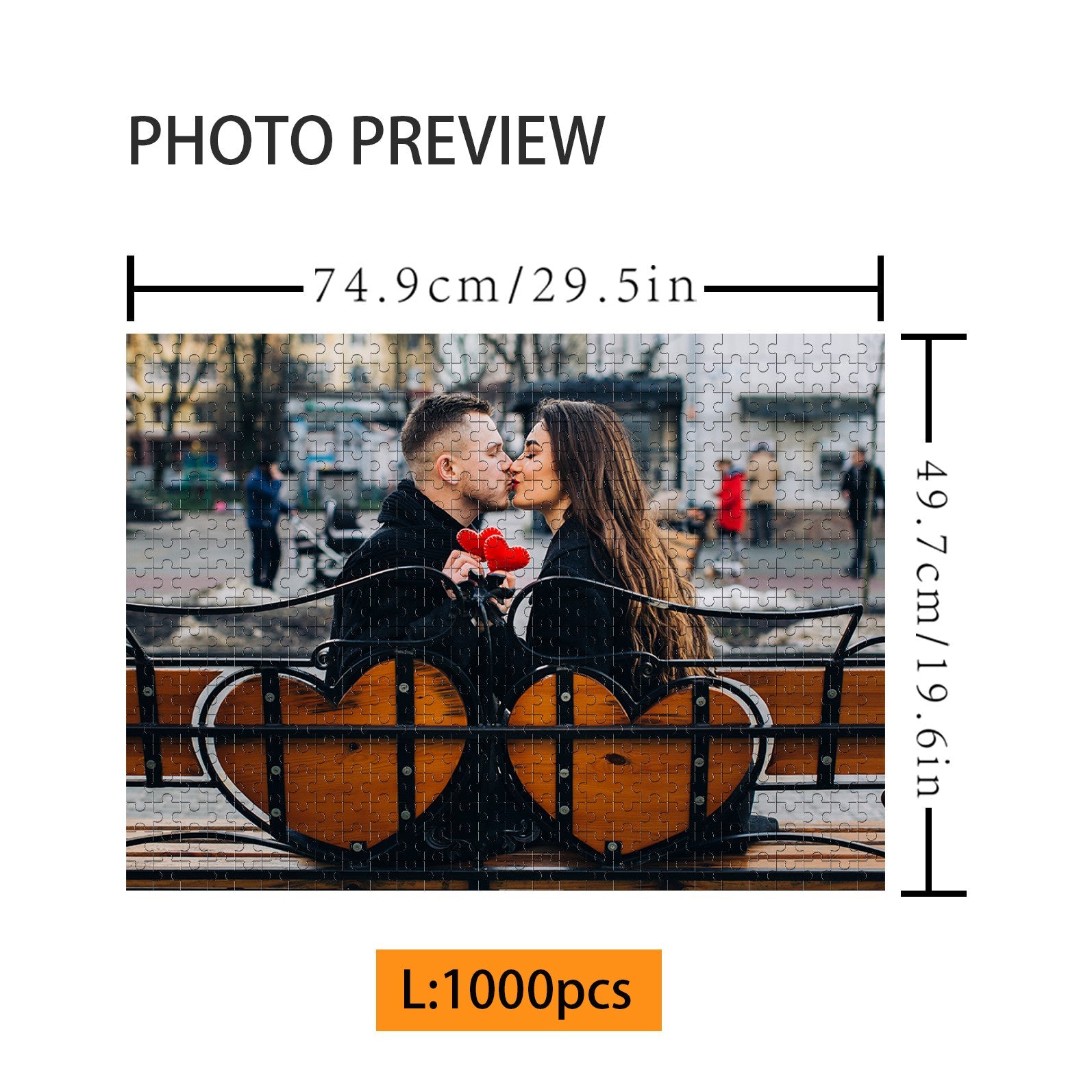 Custom 1000-piece photo puzzle preview featuring a couple sharing a kiss holding a heart, perfect gift for loved ones.