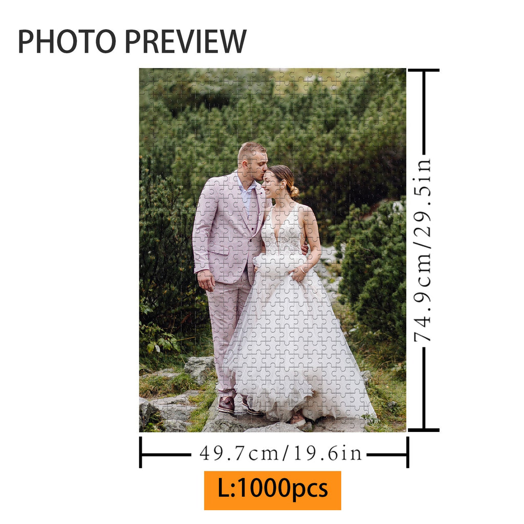 Personalized 1000-piece wedding photo puzzle featuring a couple in nature, perfect for anniversaries.