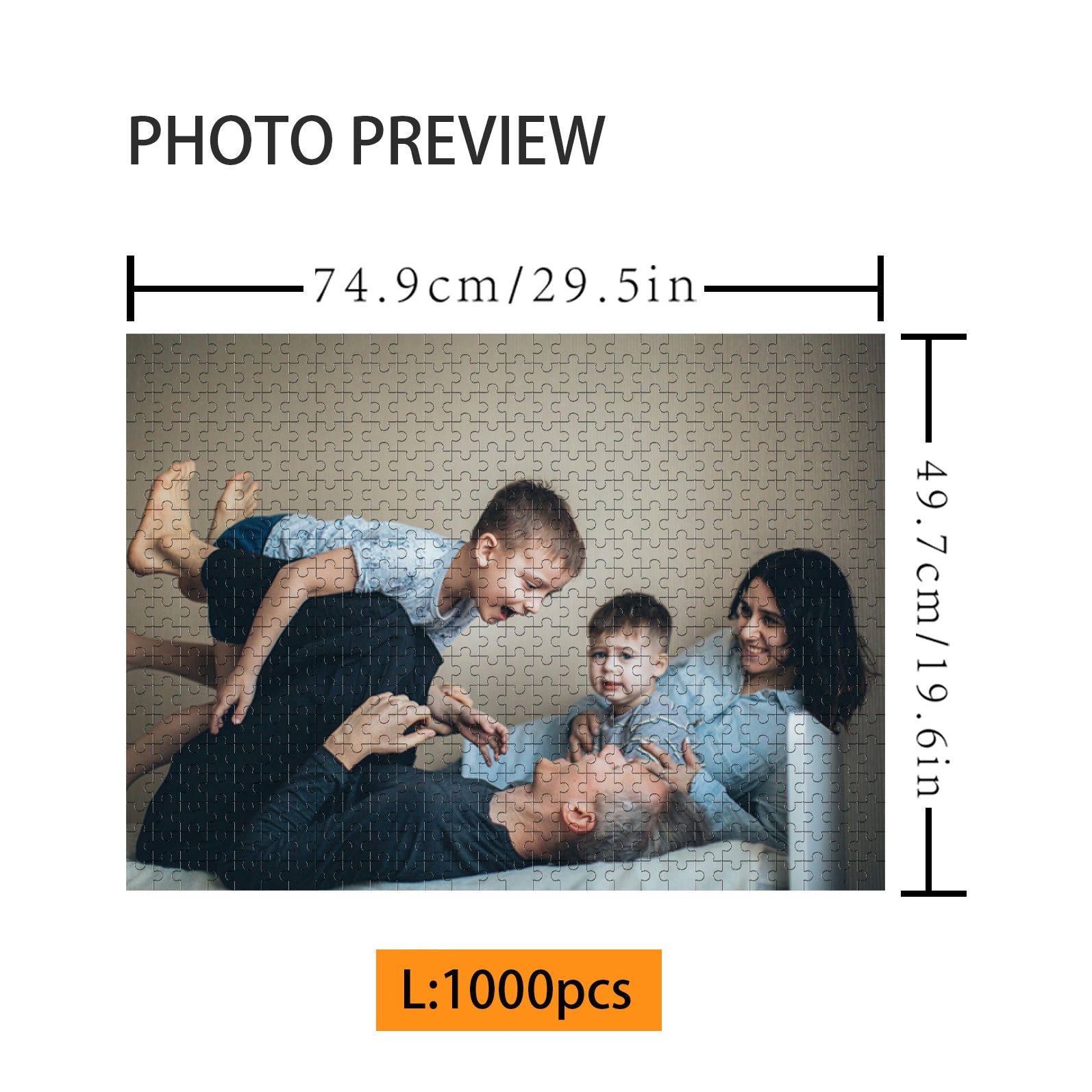 Custom 1000-piece jigsaw puzzle dimensions with family photo preview for personalized gifts.