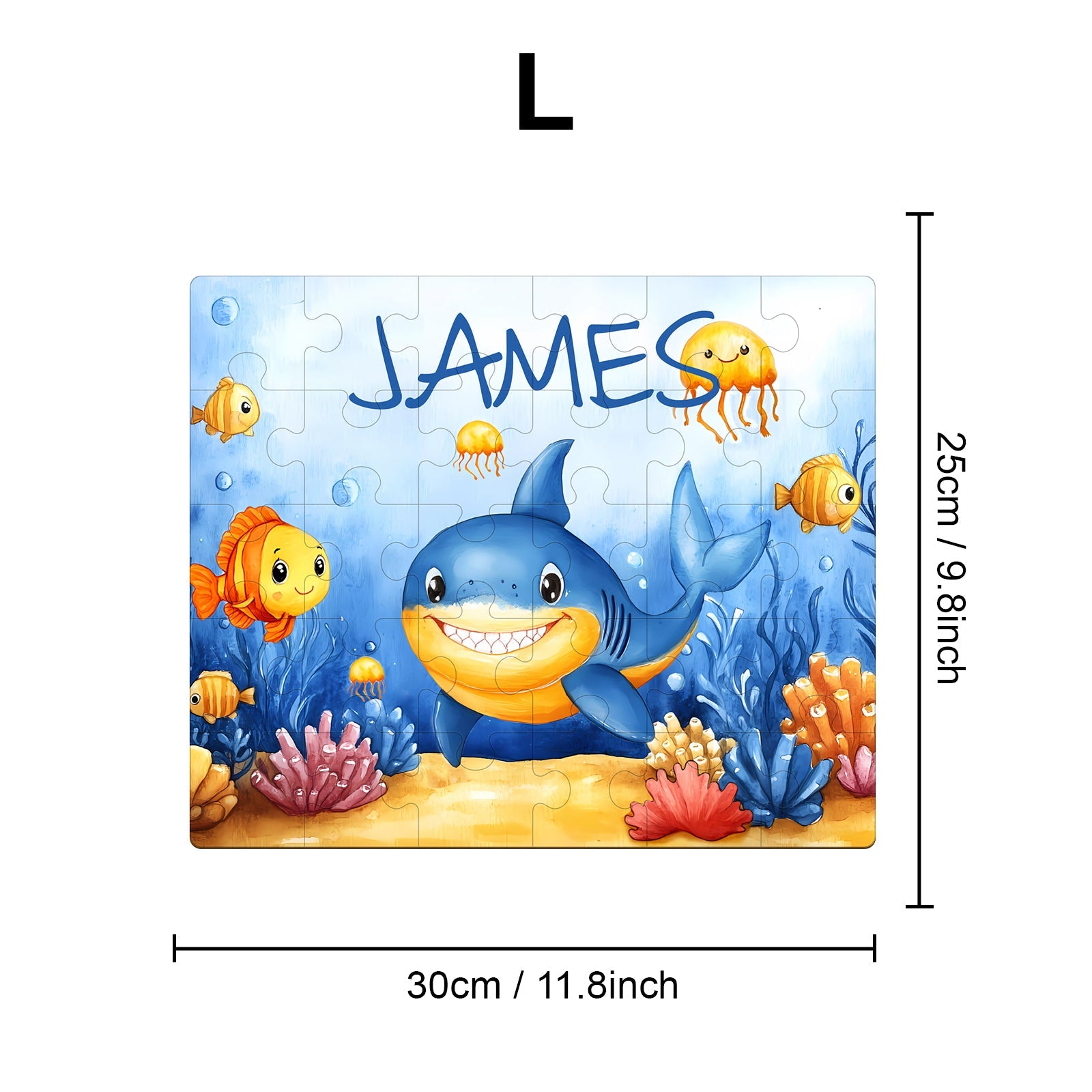 Personalized wooden jigsaw puzzle featuring a friendly shark and colorful sea creatures, customized with the name James.