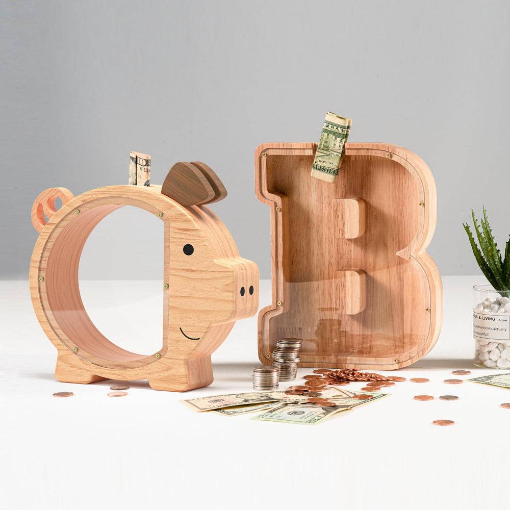 Personalized Wooden Cute Pig Piggy Bank for Kids